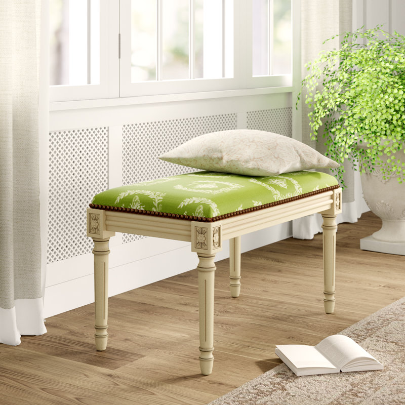 Billiot Linen Blend Upholstered Bench, Green/ Floral