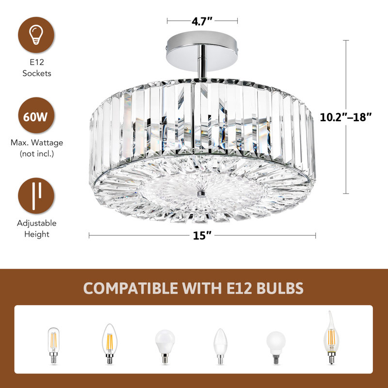 4-Light Crystal Semi Flush Mount Ceiling Light, Brushed Nickel