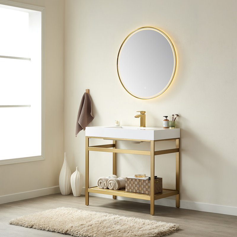 Ensemble de meuble-lavabo simple 36 "avec miroir Josephus, Blanc, Blanc, Or brossé