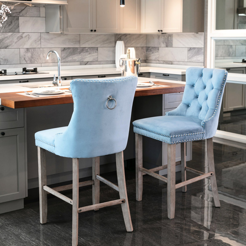 Velours bleu avec tiroirs faits à la main, pieds en bois, assise confortable, 2 coussins,, Bleu clair, Naturel