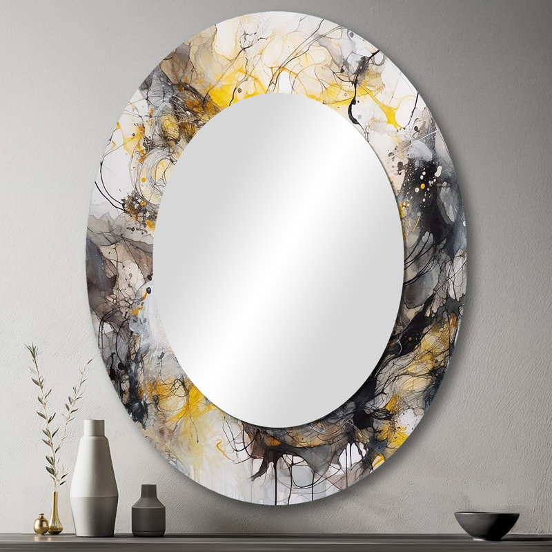 Yellow Grey Marble Symphony II - Large Oval Wall Mirror On Metal, 43" x 33"