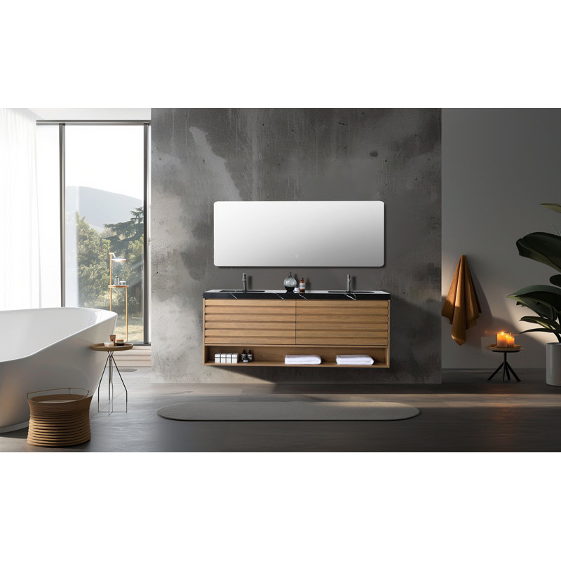 Matera 72" W Double Vanity, Pecan Oak, Black