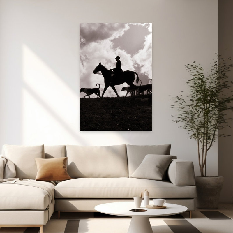 Silhouette des années 1930 du maître des chiens à cheval avec des chiens Foxhound menant le Foxhunt, H 60 po x l 40 po