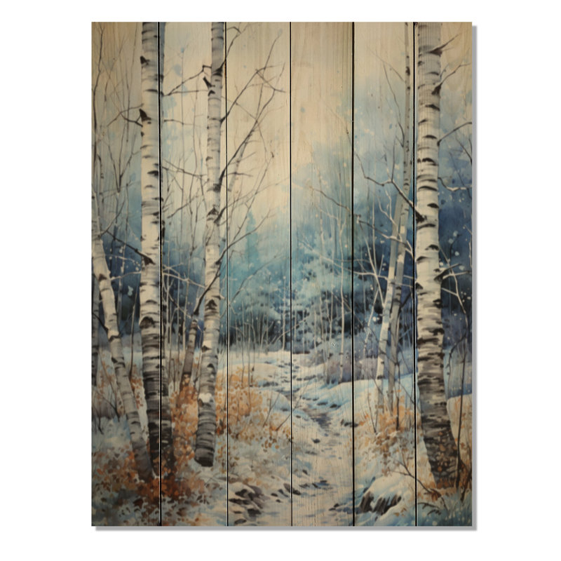 Birch Woods Winter Moonrise III sur impression sur bois, H 32 po x l 24 po x P 0,78 po