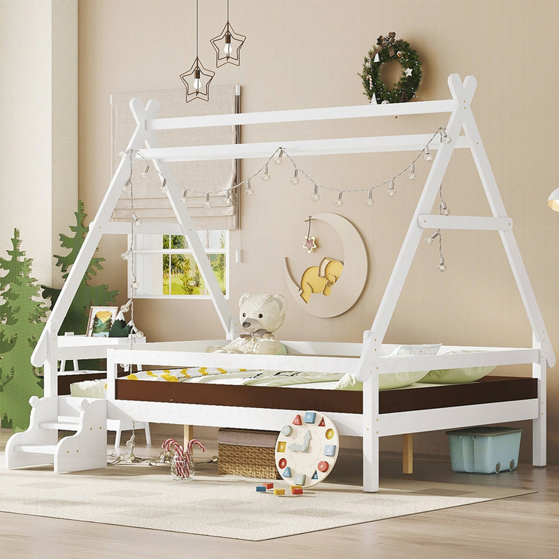 Lit plateforme House avec escalier, structure simple en bois massif, profil bas et design amusant enfantin, Lit double