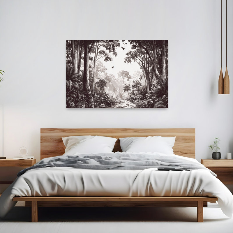 «Serene Jungle Path Serene Abstract Bird Forest Landscape», reproduction d'art murale, 40" H x 60" W