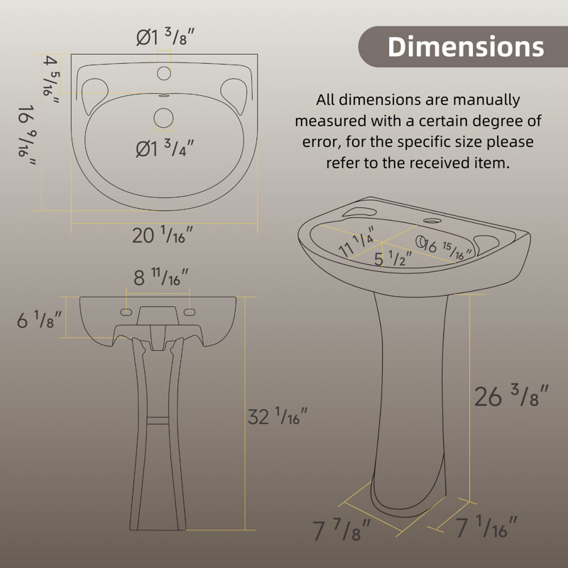 Los Flexi 20-Inch Pedestal Sink Combo, Overflow & 1 Faucet Hole, Ideal for Small Bathrooms