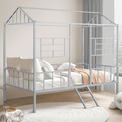 Contemporary Twin Bunk Bed With House - Inspired Design, Full Metal Build, Angled And Silver Colour For Bedroom Ambiance Creation Plan Shaped Finish Space Design