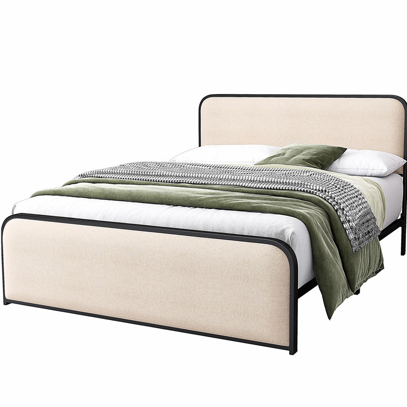 Structure de lit moderne en métal avec tête et pied de lit en tissu courbé, avec rangement sous le lit, lattes de lit en métal robustes