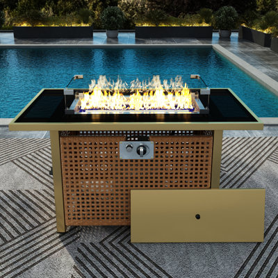 Table de foyer d'extérieur au propane de 43 po avec pare-vent en verre, 60000, tissage ouvert rectangulaire pour la terrasse du patio - Table d'extérieur orange et jaune moutarde