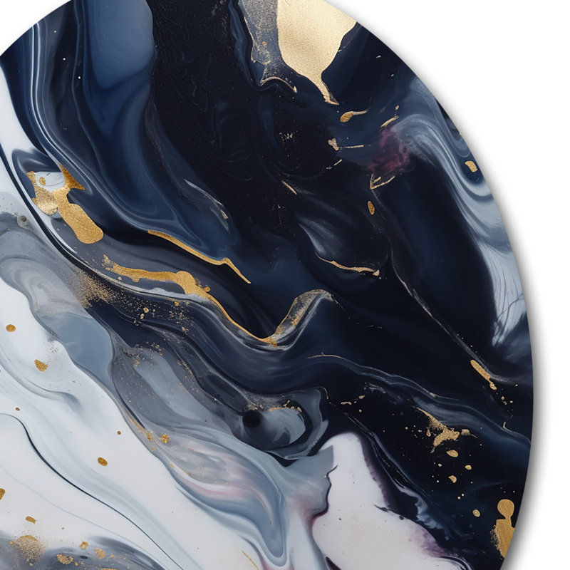 «Blue and White Enigmatic Stones IV», art mural rond en marbre abstrait, H 29 po x l 29 po x P 1 po