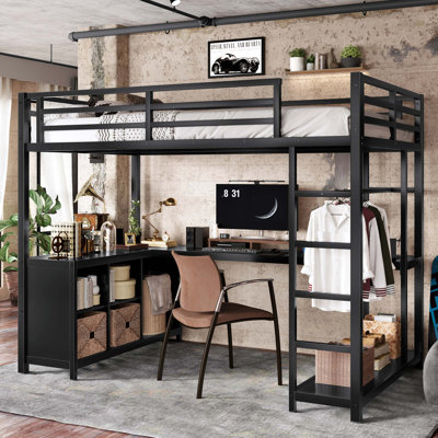 Lit mezzanine en métal peu encombrant avec garde-robe intégré et bureau en L