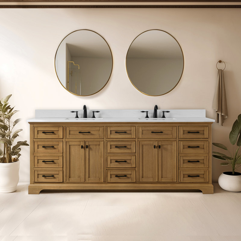 Zoila 84'' Double Bathroom Vanity with Quartz Top, Oak
