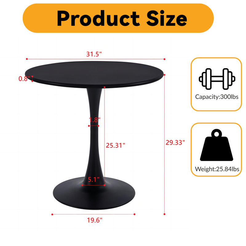 Karem 31.5" Round Pedestal Dining Table With Metal Table Top And Metal Pedestal, Black