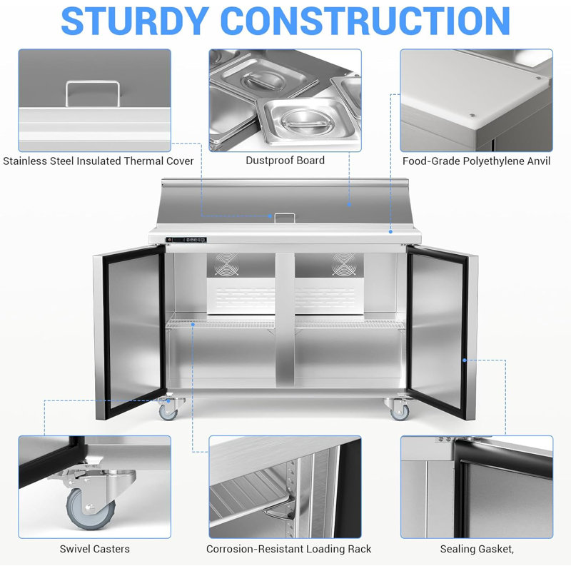 48" Sandwich Prep Table Refrigerator, Stainless Steel Dual Door with 12 Food Pans, Commercial Refrigerator for Restaurant and Catering