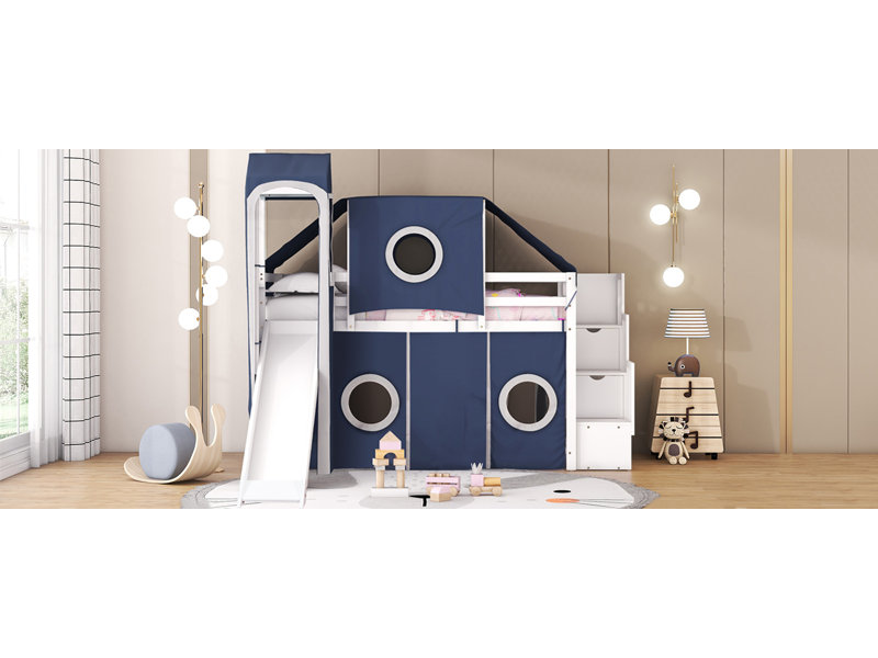 Lit mezzanine avec tente et tour, Bleu, Lit simple