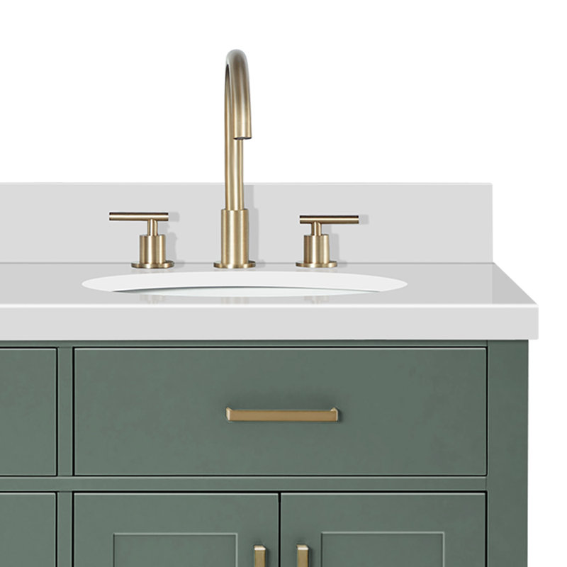 Odea 66'' Solid Wood Double Bathroom Vanity with 1.5'' White Quartz Top, Oval Sinks, Oval, Vintage Green / Satin Brass