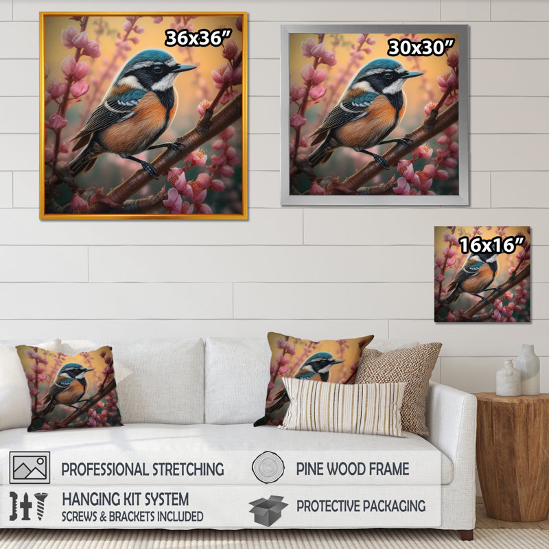 Oiseau bleu sur une branche, H 16 po x l 16 po x P 1 po, Encadrement doré