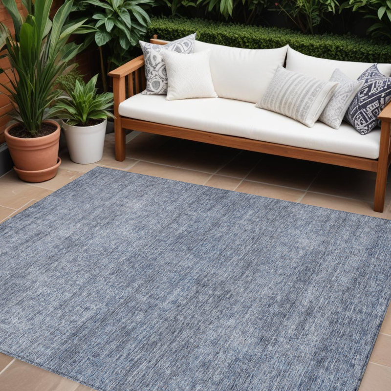 Tapis extérieur lavable abstrait bleu ciel et ivoire 10 pi x 14 pi