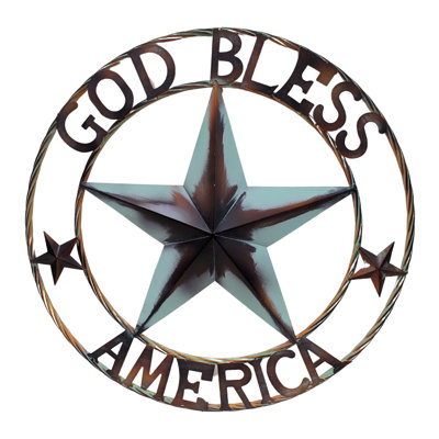 Metal Rustic Western 2-Tone Rust Patina Texas Star Outdoor Wall Hanging Decor 24 Inch God Bless America for Barn or Farmhouse
