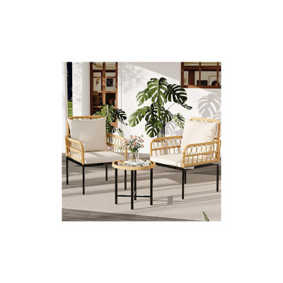 3-Piece Wicker Patio Bistro Set – Glass Top Side Table With 2 Rattan Chairs, Beige