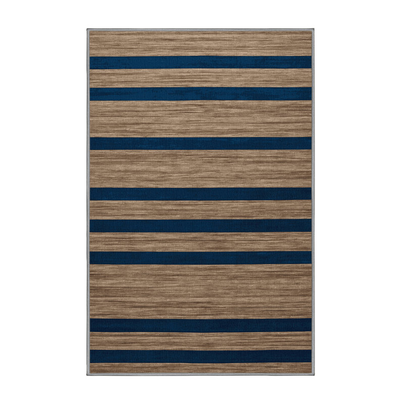 Tapis gris à rayures horizontales lavable à la machine, Rectangle 7 pi x 9 pi