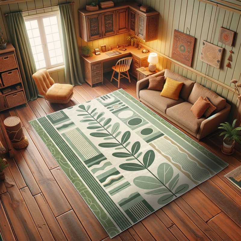 Olive Green and Ivory Synthetic Botanical Area Rug 2'5" x 5'