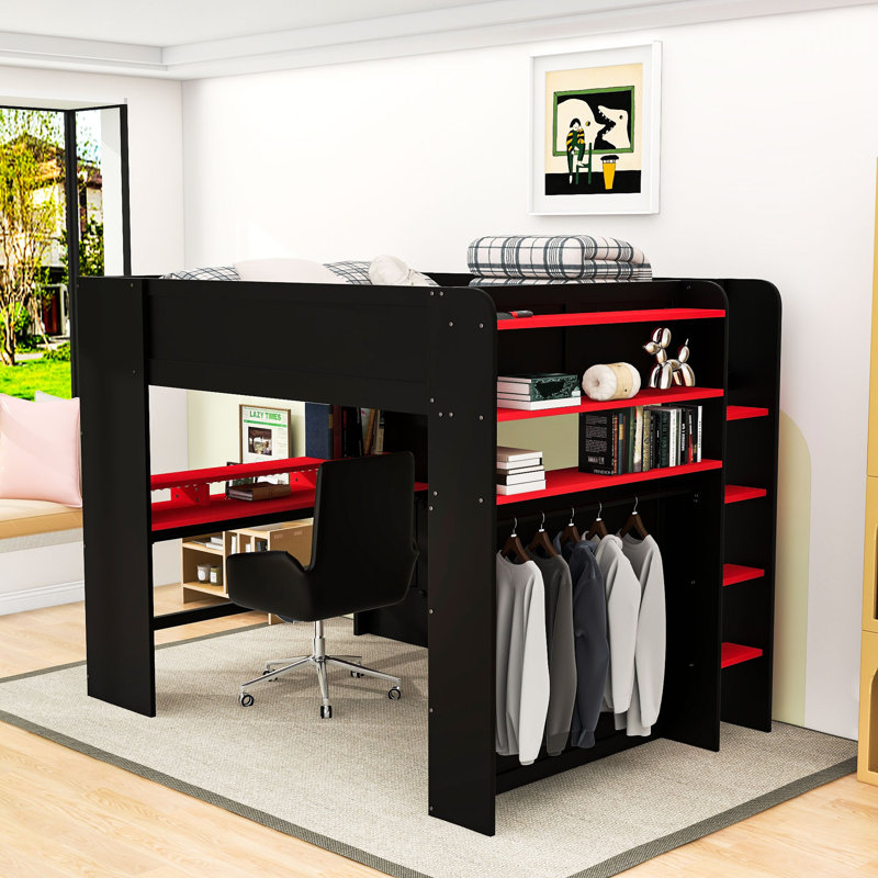 Lit mezzanine double en bois avec bureau, port USB et éclairage à bande RVB, Rouge