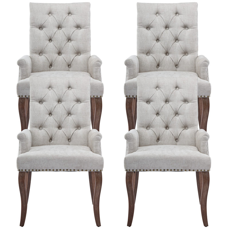 Seita Tufted Chenille Upholstered Dining Arm Chairs, 4, Light Gray