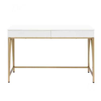 2 Drawers Writing Desk With Metal Trestle Base, White High Gloss And Gold
