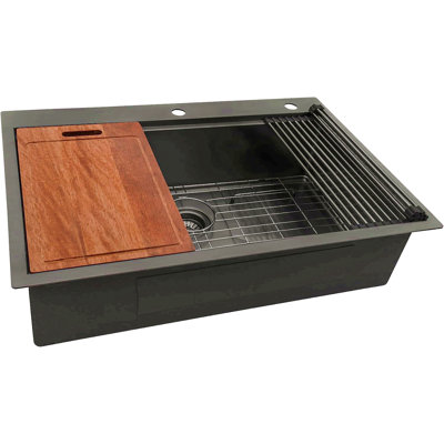 36 Inch Gunmetal Black Drop In Workstation Kithchen Sink -36 "X 22" 16 Gauge Topmount Drop In Single Bowl Stainless Steel Kitchen Sink With Accessories
