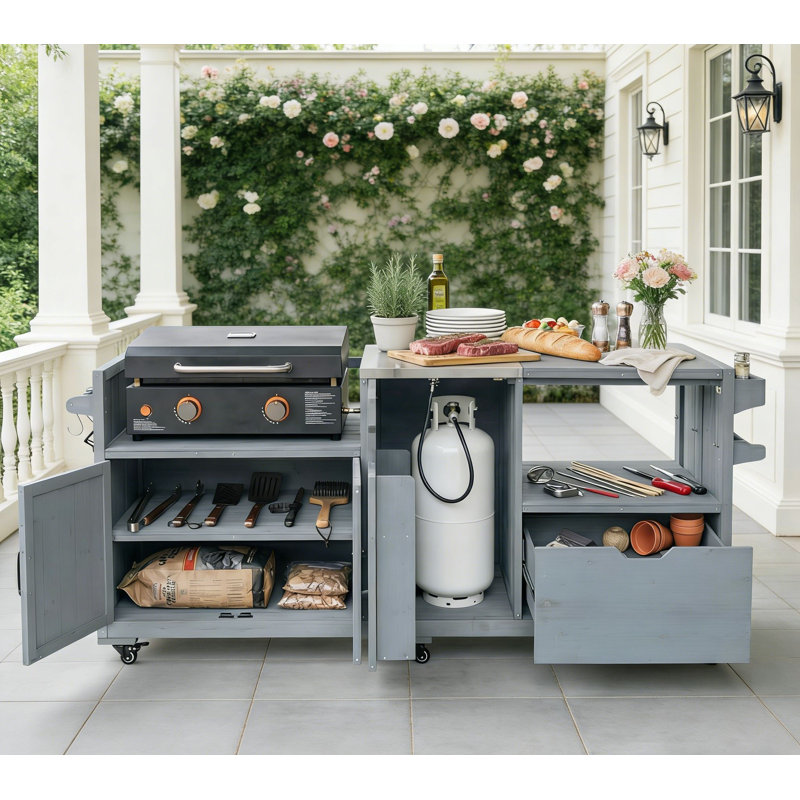 Îlot de cuisine 80,5 po avec plateau en acier inoxydable et rangement en bois massif 80,5 po, Gris
