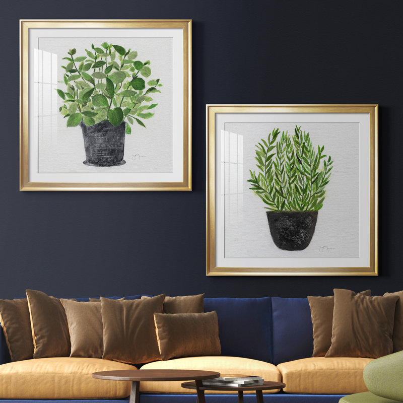 «Herb Garden I», ensemble de 2 reproductions d'art, H 30,5 po x l 61 po x P 1,5 po, Papier encadré doré, Blanc