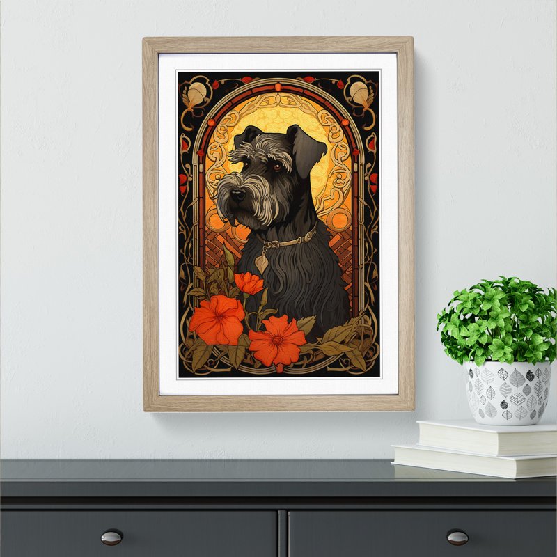 Schnauzer Nouveau - Single Picture Frame Print on Wood, 46cm H x 34cm W x 2cm D, Oak