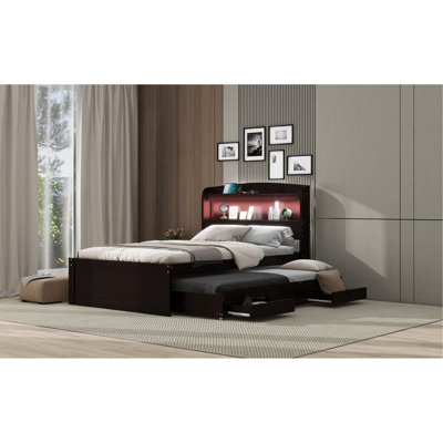 Lit simple brun foncé avec rangement, tête de lit à DEL et charge, 2 tiroirs, plateforme gigogne généreuse