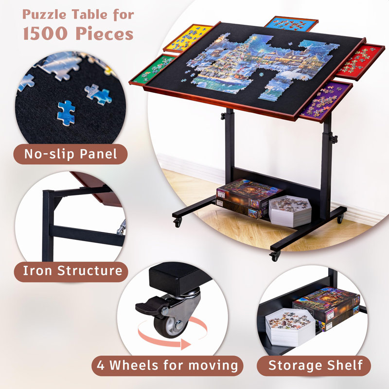 Table / plateau de casse-tête 1500 pièces, inclinable, réglable en hauteur avec tiroirs, 5 plateaux de tri colorés avec couvercles en feutre anti-poussière et 4 roues