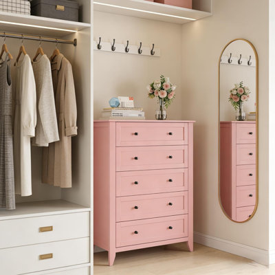 Commode de rangement rose à 5 tiroirs pour chambre à coucher, grande commode de rangement