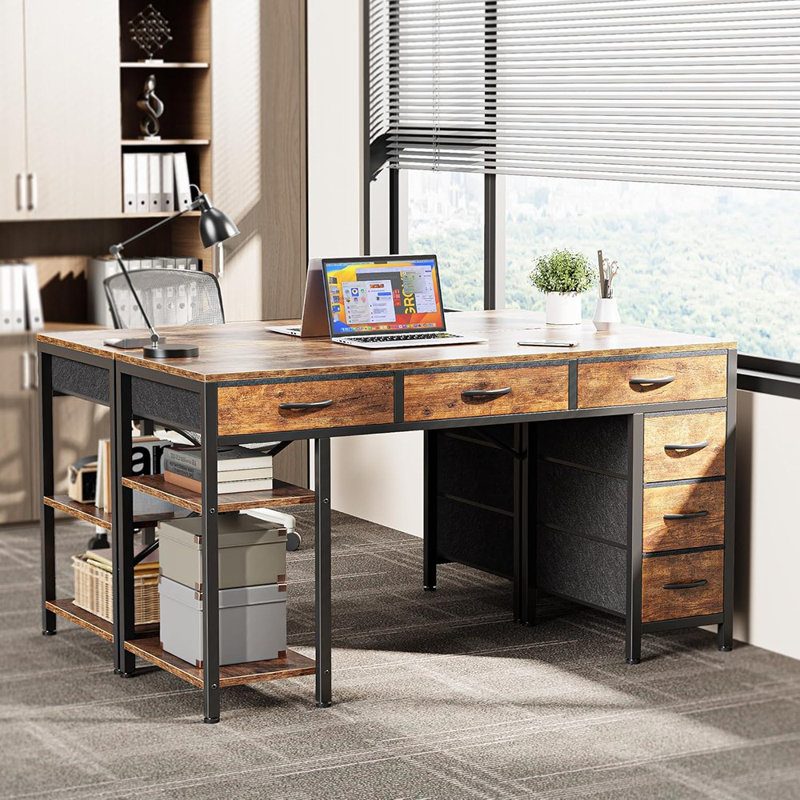 Bureau d'ordinateur à 6 tiroirs, bureau de 47 pouces avec tablettes, bureau de jeu réversible, bureau d'angle avec rangement, bureau personnel, bureau, salon, brun rustique