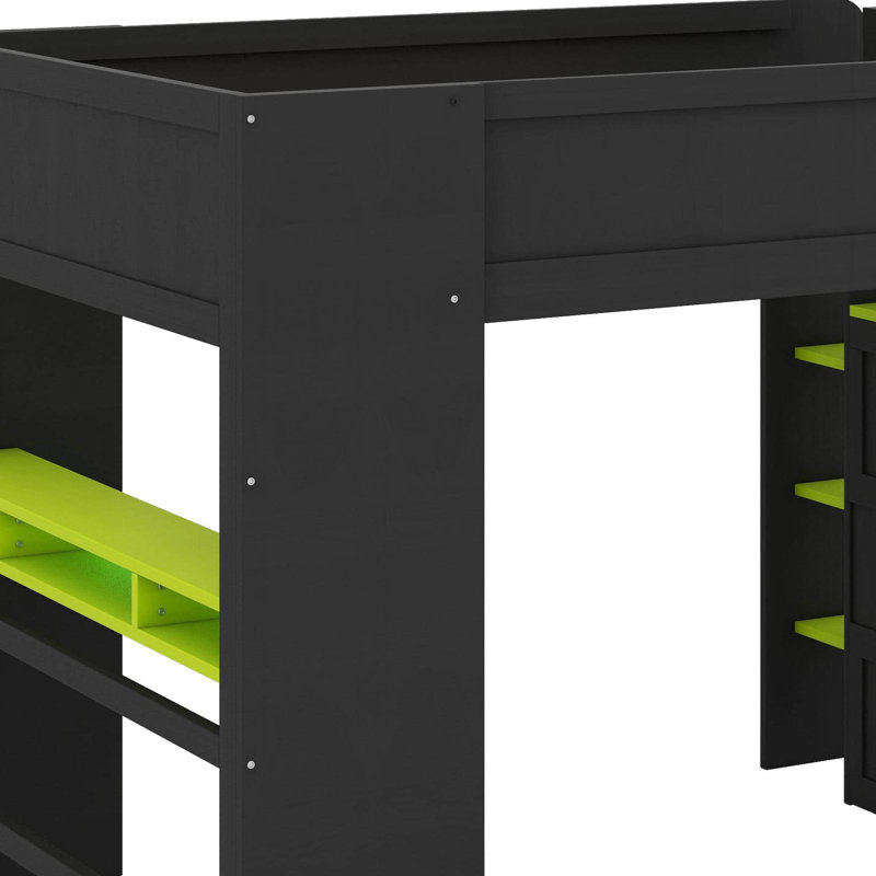 Lit mezzanine double avec bureau, garde-robe, grand espace de rangement et lumière RVB, Vert