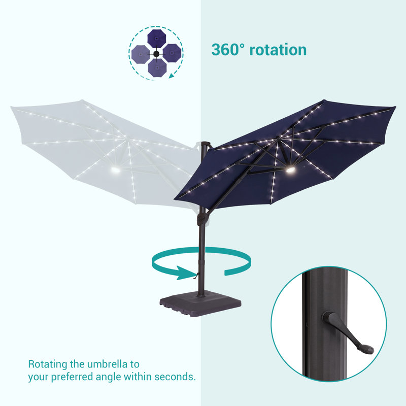Navy Blue 11ft Cantilever Umbrella with LED Lights and Base