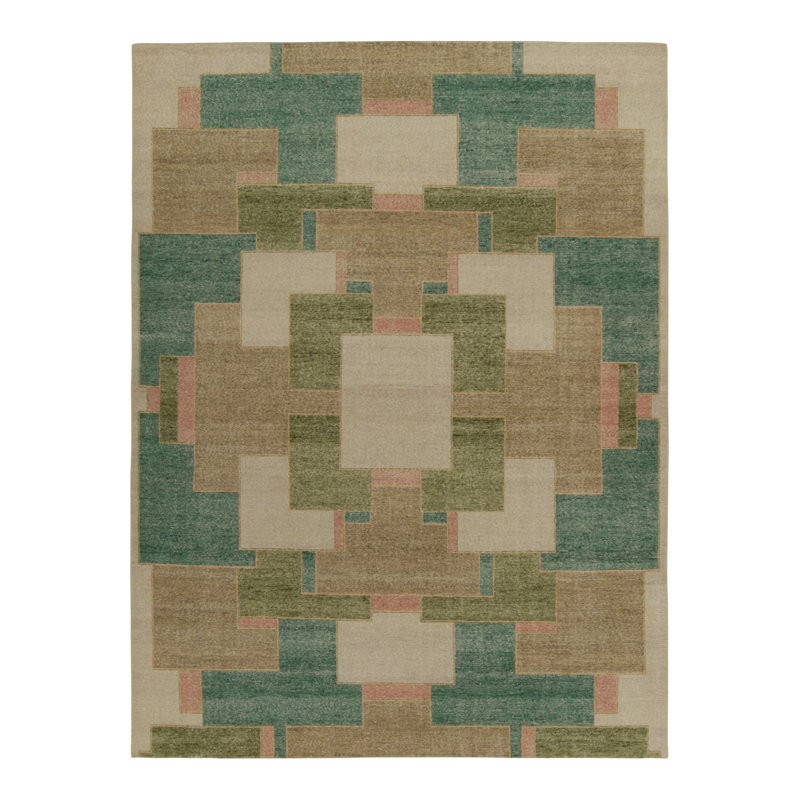 Distressed Homage Hand Knotted Wool Geometric Area Rug, Rectangle 5' x 7'