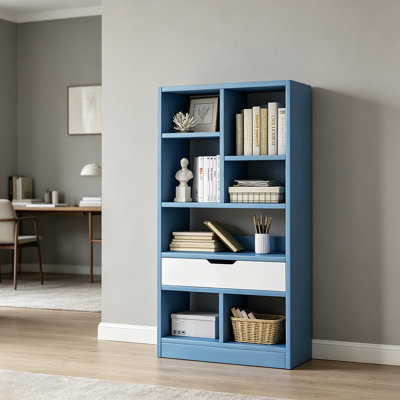 Bibliothèque en bois avec tablette ouverte de 51 pouces de hauteur avec 7 cubes et un tiroir
