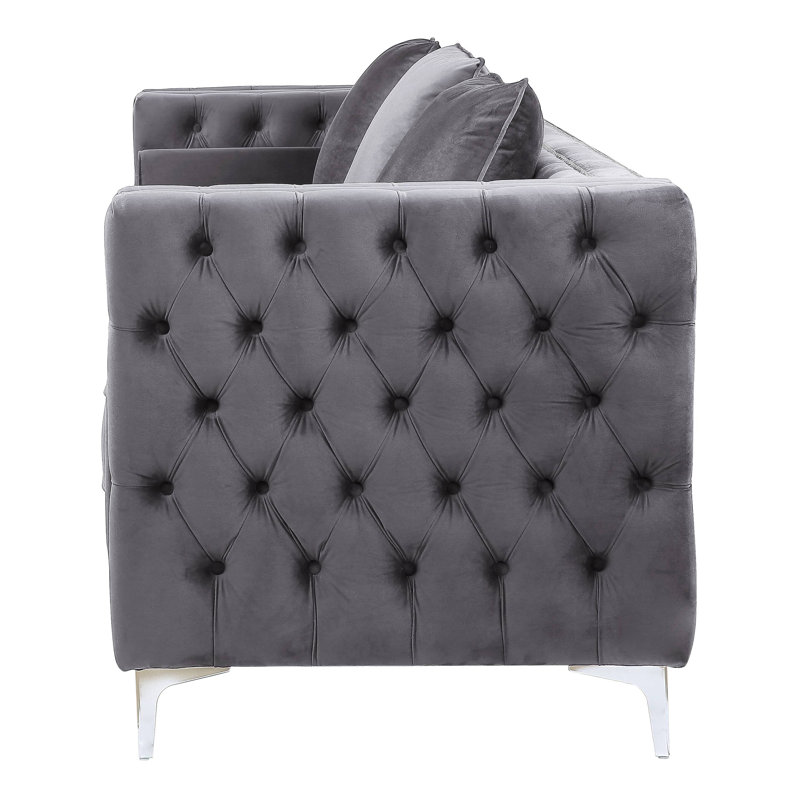 Canapé en velours Patrycja avec 5 coussins, Velours gris velours, H 32,5 po x l 102 po x P 31,4 po