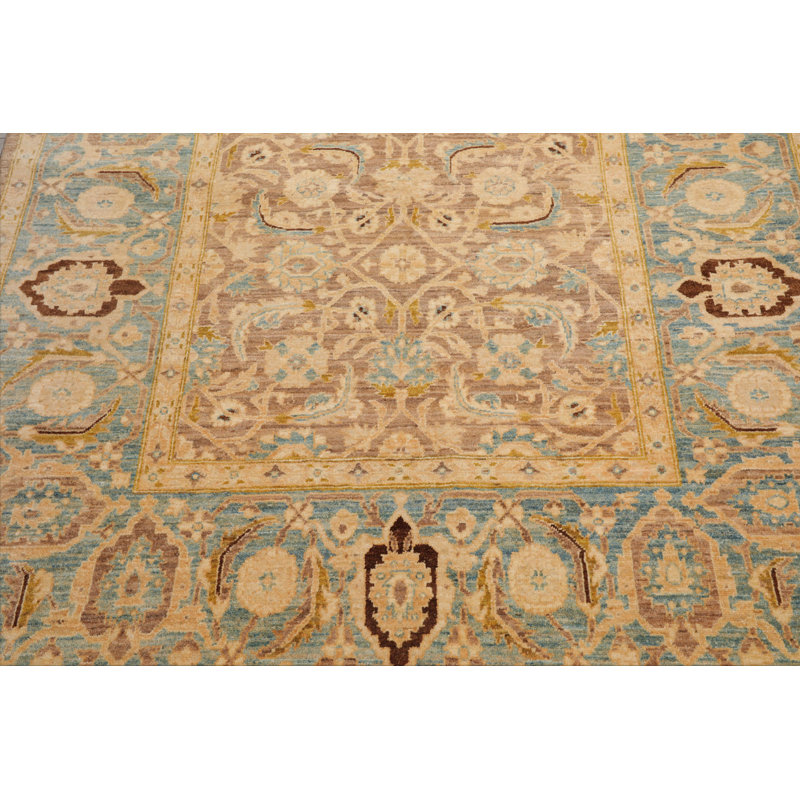 Tapis unique en laine noué à la main 6 pi x 8 pi 9 po en taupe / turquoise / brun