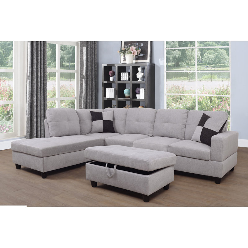 Plageman Upholstered Sectional Left Hand Facing, Marshmallow Gray Linen Blend