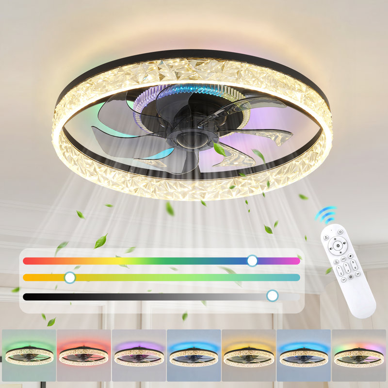 18.8" RGB Flush Mount Ceiling Fan With Lights, Ceiling Fan Lights With Faceted Shade,Remote Control, 6 Speeds, Dimmable LED for Bedroom & Living Spaces