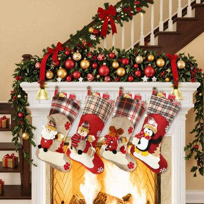 4-Pack 18.2-Inch Classic Christmas Stockings Featuring Santa Claus, Snowman, Reindeer, And Penguin Designs. Perfect For Home Party Decorations And Children's Gifts.