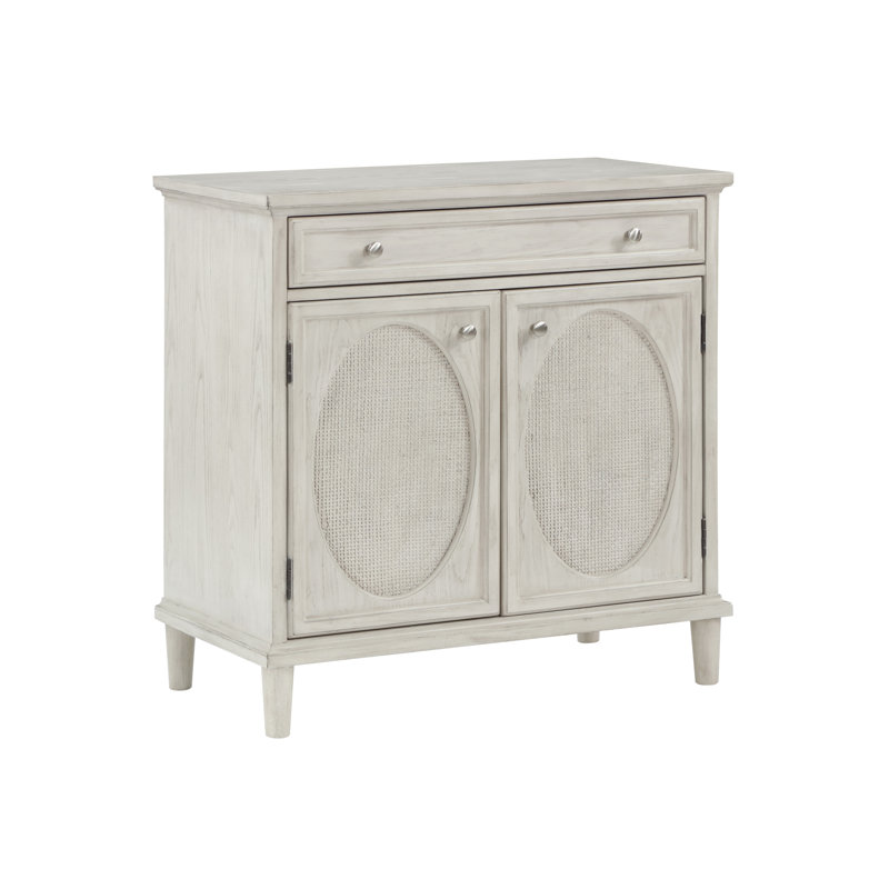 Wooden Washed Oval Rattan Front 2 Door And 1 Drawer Geometric Light Gray Room Cabinet With Round Silver Knobs