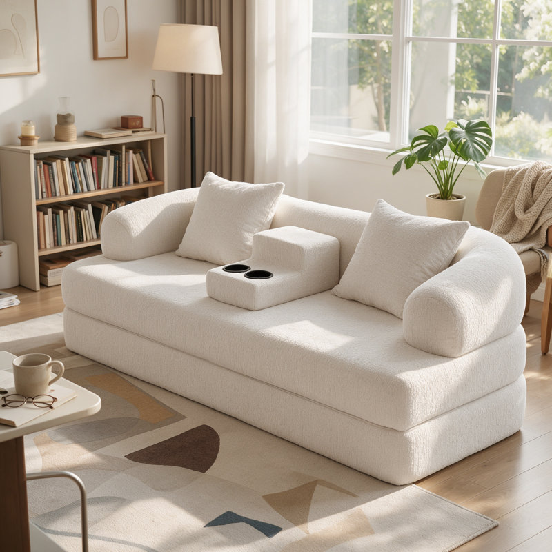 Canapé-lit en chenille de 178 cm avec base en mousse dépliable et console porte-gobelets amovible - Blanc cassé, Blanc cassé