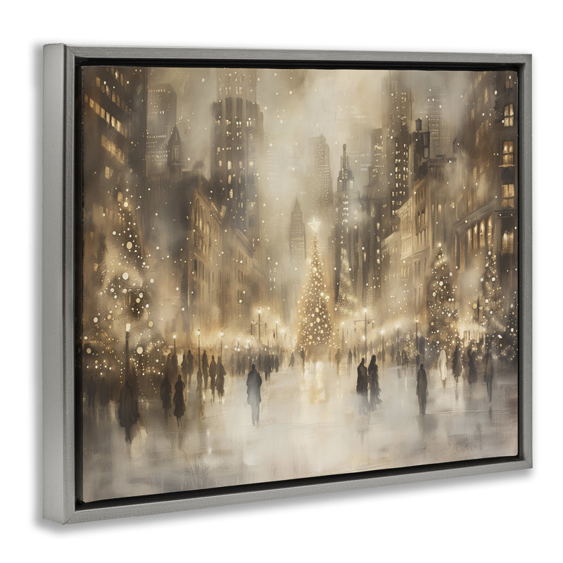 Cadre flottant de Noël à New York, design par Arlington Prints, H 25 po x l 31 po, Cadre flottant gris lustré
